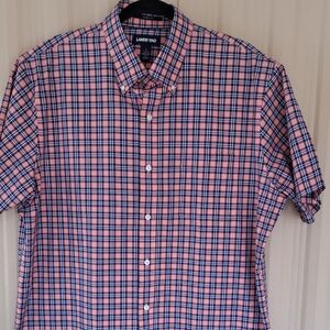 NWOT. Lands' End Men's Casual Coral and Blue Checkered Shirt.  Size Large.
